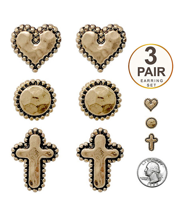 METAL 3 PAIR EARRING SET - HEART CROSS