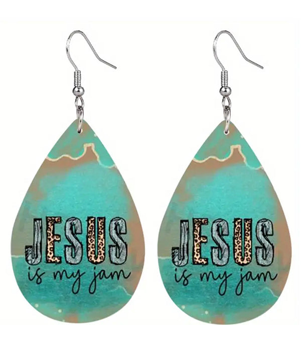 RELIGIOUS INSPIRATION LEATERETTE TEARDROP EARRING - JESUS IS MY JAM