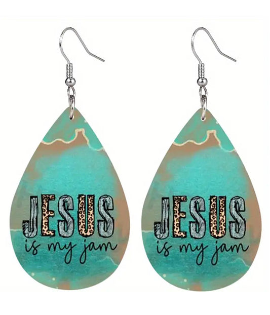 RELIGIOUS INSPIRATION LEATERETTE TEARDROP EARRING - JESUS IS MY JAM