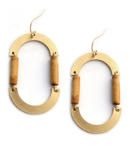 BRUSHED WOOD TUBE BEAD OVAL EARRING