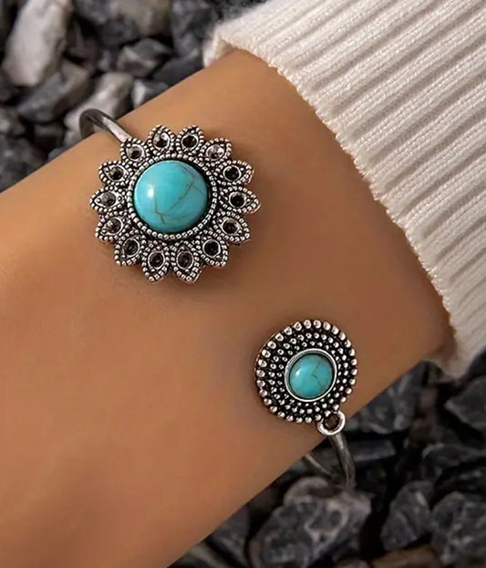 TURQUOISE FLOWER WIRE BANGLE BRACELET