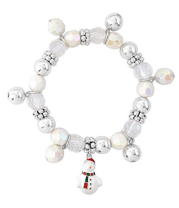 CHRISTMAS THEME EPOXY CHARM AND MULTI BEAD STRETCH BRACELET - SNOWMAN