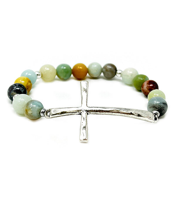 SEMI PRECIOUS STONE BALL CROSS STRETCH BRACELET