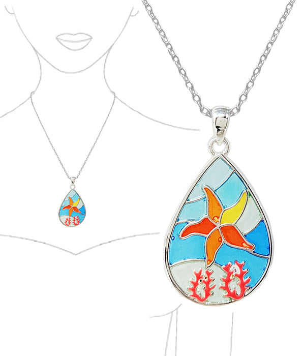 SEALIFE THEME STAINED GLASS WINDOW INSPIRED MOSAIC PENDANT NECKLACE - STARFISH