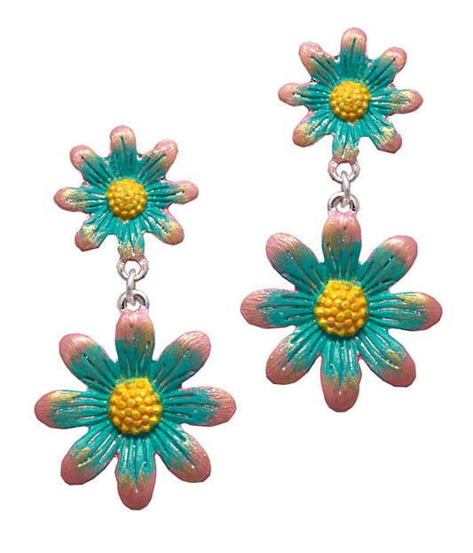 GARDEN THEME DOUBLE FLOWER DROP EARRING -PAINT FLOWER
