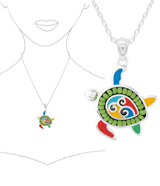 SEALIFE THEME SEEDBEAD AND EPOXY PENDANT NECKLACE - TURTLE