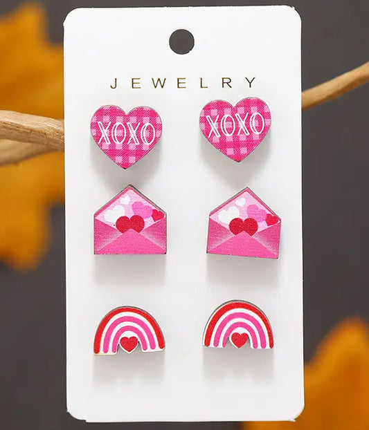 VALENTINE THEME 3 PAIR EARRING SET - HEART LETTER RAINBOW