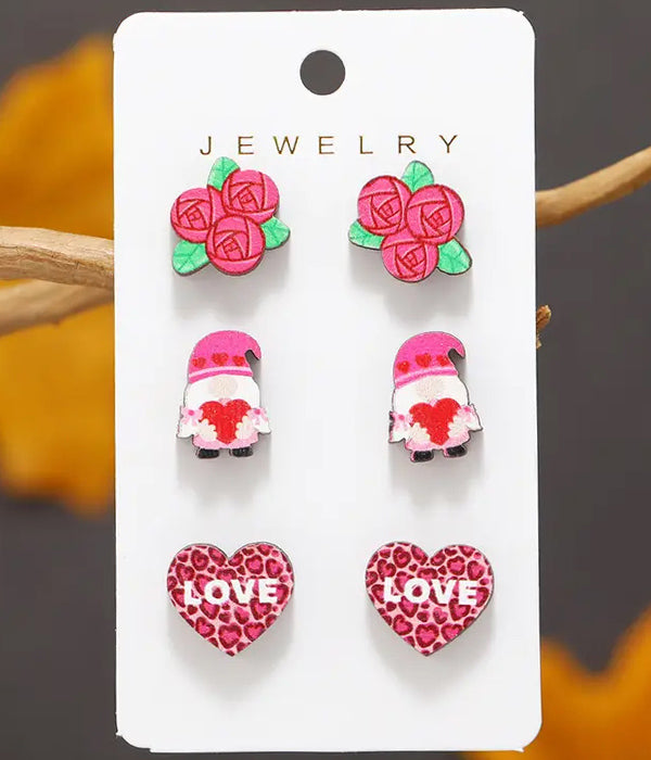 VALENTINE THEME 3 PAIR EARRING SET - ROSE GNOME HEART