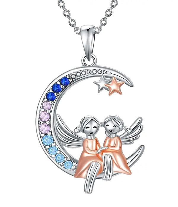 SISTERS ON CRESCENT MOON PENDANT NECKLACE