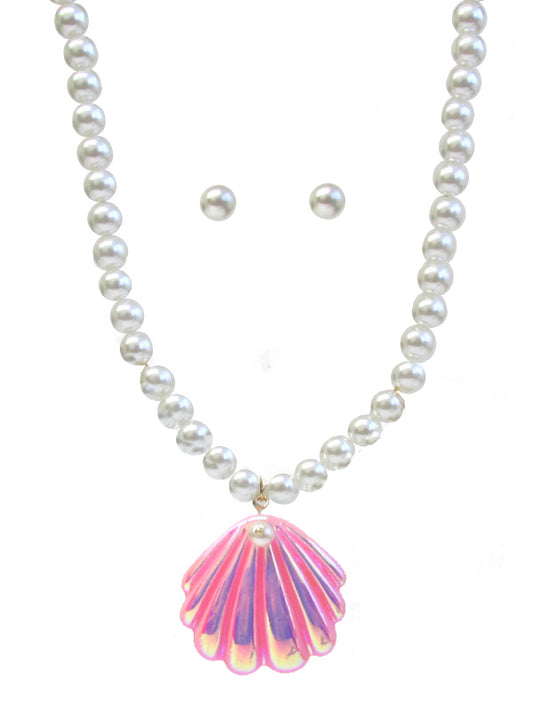 SEALIFE THEME SHELL PENDANT AND PEARL CHAIN NECKLACE SET