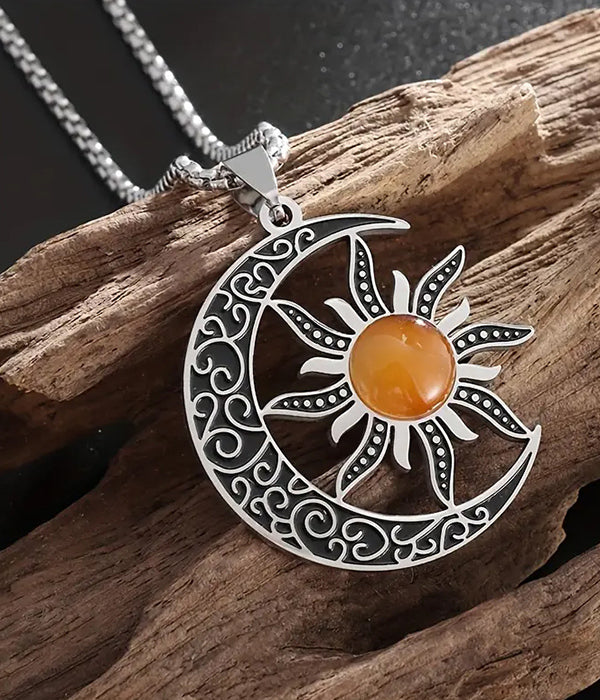 STAINLESS STEEL SUN AND MOON PENDANT NECKLACE