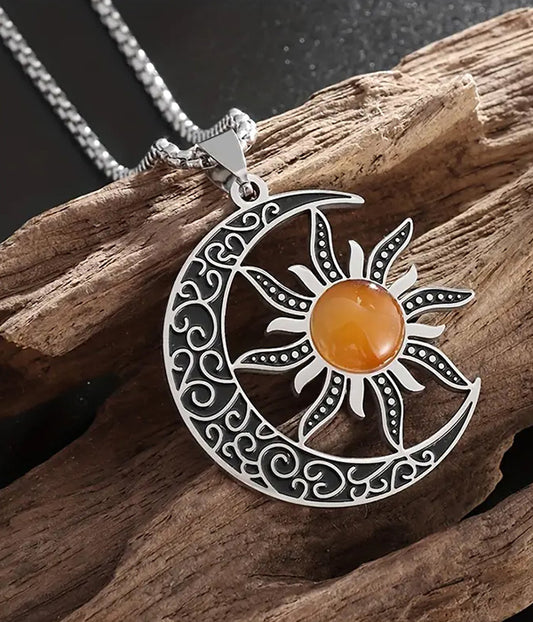 STAINLESS STEEL SUN AND MOON PENDANT NECKLACE