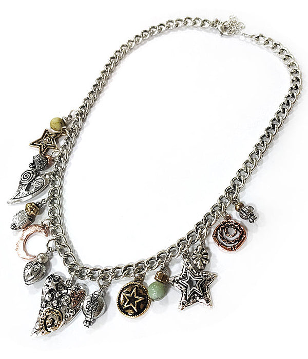 HEART THEME VINTAGE METAL MULTI CHARM AND PENDANT NECKLACE