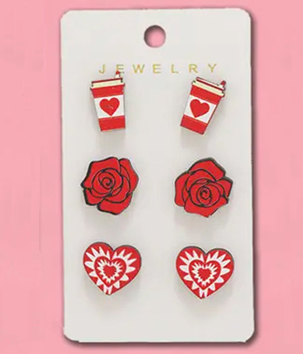 VALENTINE THEME 3 PAIR EARRING SET - DRINK ROSE HEART