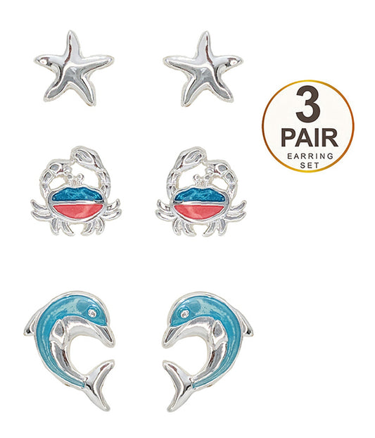 SEALIFE THEME EPOXY 3 PAIR EARRING SET - STARFISH CRAB DOLPHIN