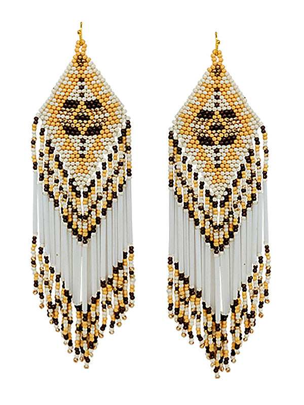 HANDMADE MULTI SEEDBEAD TASSEL DROP AZTEC PATTERN EARRING