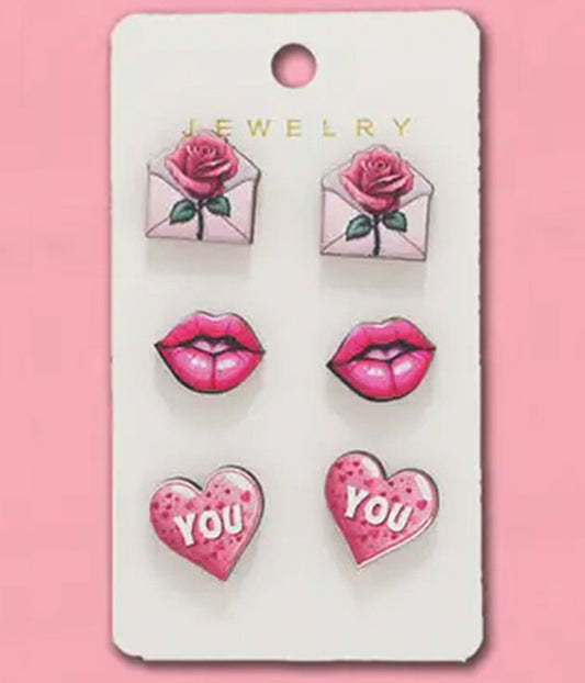 VALENTINE THEME 3 PAIR EARRING SET - ROSE LIPS HEART