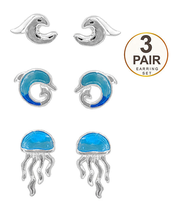 SEALIFE THEME EPOXY 3 PAIR EARRING SET - WAVE DOLPHIN JELLYFISH