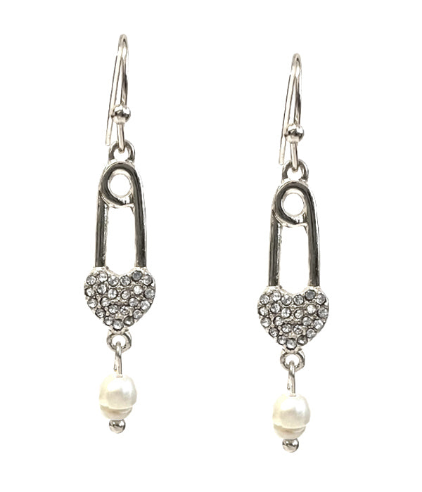 CRYSTAL HEART AND PEARL DROP PIN EARRING