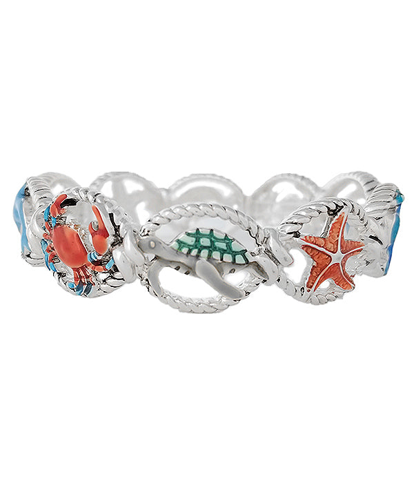 SEALIFE THEME ROPE TEXTURED STRETCH BRACELET - TURTLE STRAFISH CRAB