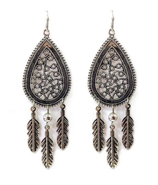 METAL FILIGREE TEARDROP AND FEATHER DROP EARRING
