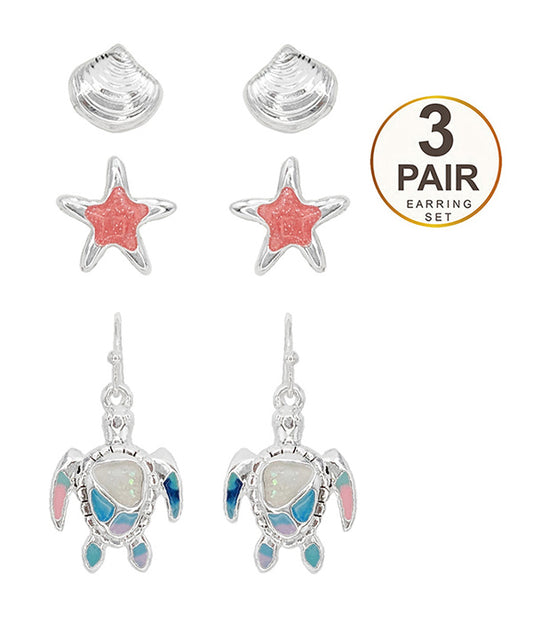 SEALIFE THEME EPOXY 3 PAIR EARRING SET - SHELL STARFISH TURTLE