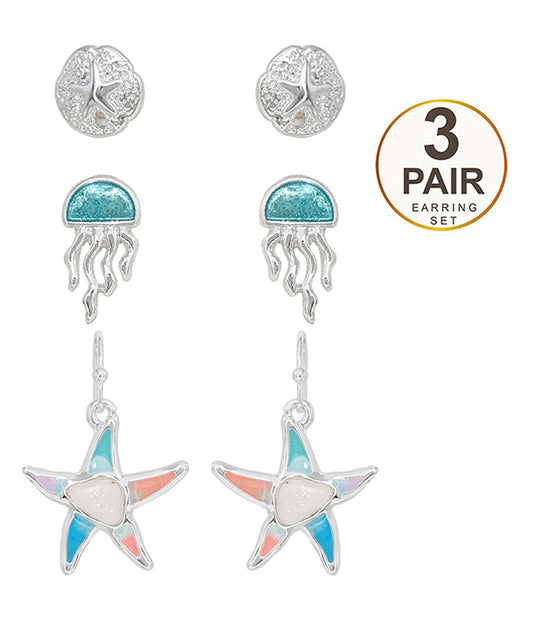 SEALIFE THEME EPOXY 3 PAIR EARRING SET - SANDDOLLAR JELLYFISH STARFISH