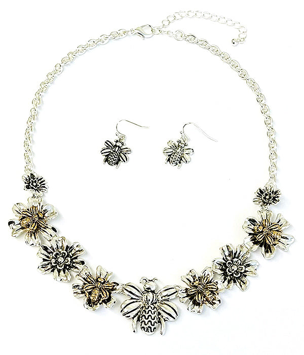 GARDEN THEME BEE AND FLOWER LINK NECKLACE SET