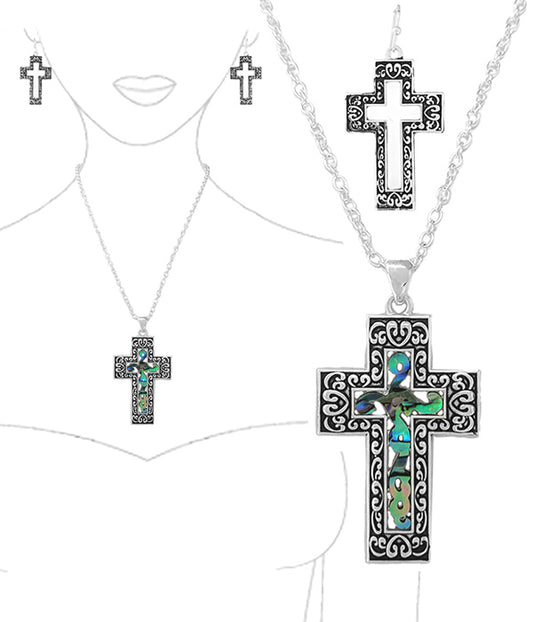 ABALONE FILIGREE CENTER CROSS PENDANT NECKLACE SET