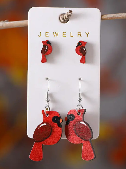 CARDINAL BIRDS 2 PAIR WOOD EARRING SET