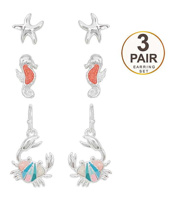 SEALIFE THEME EPOXY 3 PAIR EARRING SET - STARFISH SEAHORSE CRAB