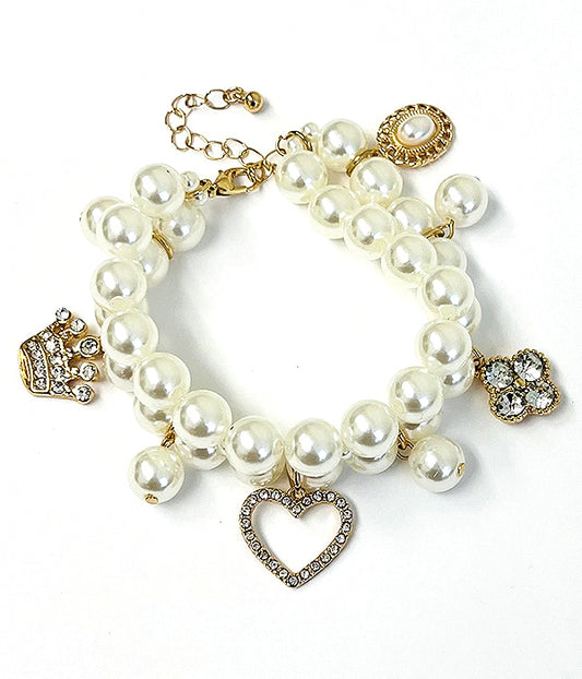 DOUBLE LAYER PEARL CHAIN AND MULTI CHARM BRACELET - HEART CROWN