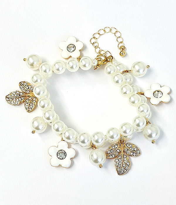 DOUBLE LAYER PEARL CHAIN AND MULTI CHARM BRACELET - FLOWER LEAF