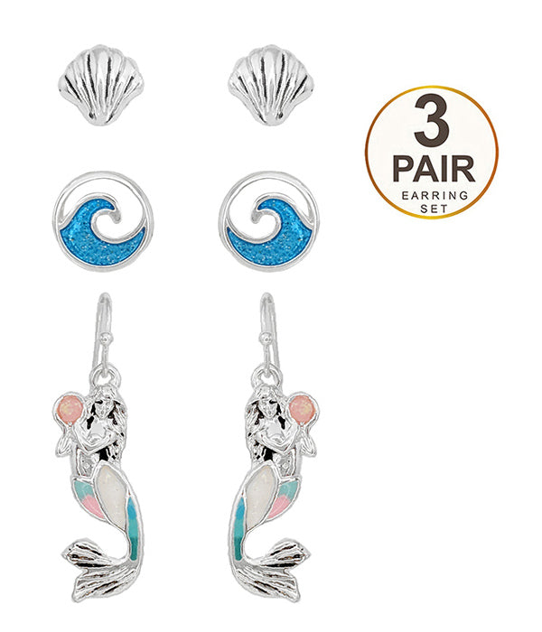 SEALIFE THEME EPOXY 3 PAIR EARRING SET - SHELL WAVE MERMAID