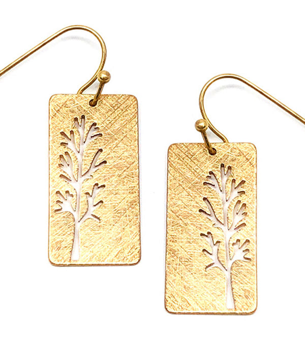 SCRATCH METAL TREE OF LIFE PLATE EARRING - BRASS METAL