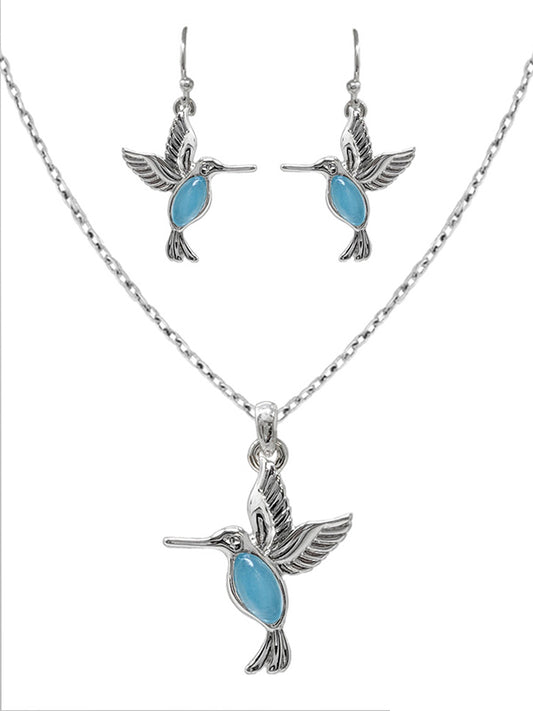 GARDEN THEME HUMMING BIRD NECKLACE EARRING SET