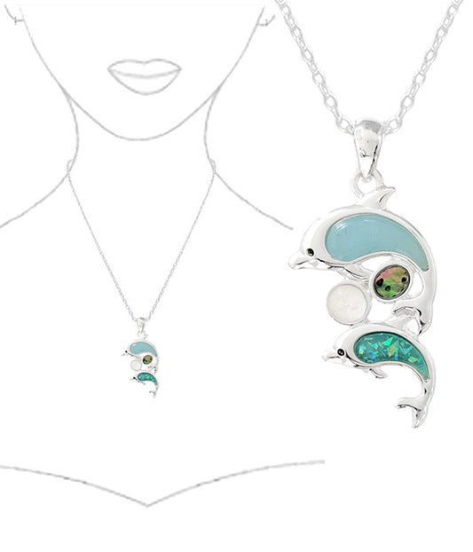 SEALIFE THEME OPAL AND ABALONE MIX PENDANT NECKLACE - DOLPHIN