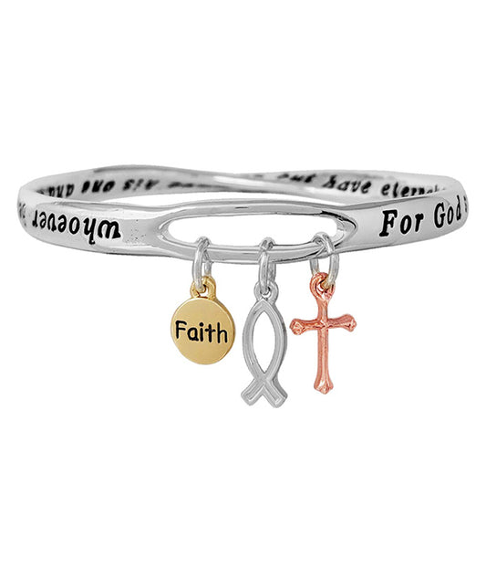 RELIGIOUS INSPIRATION MULTI CHARM DANGLE TWIST MESSAGE BANGLE BRACELET - JOHN 3:16