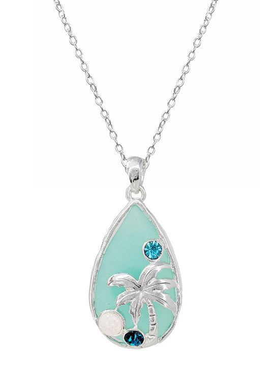 TROPICAL THEME SEAGLASS TEARDROP NECKLACE - PALM TREE