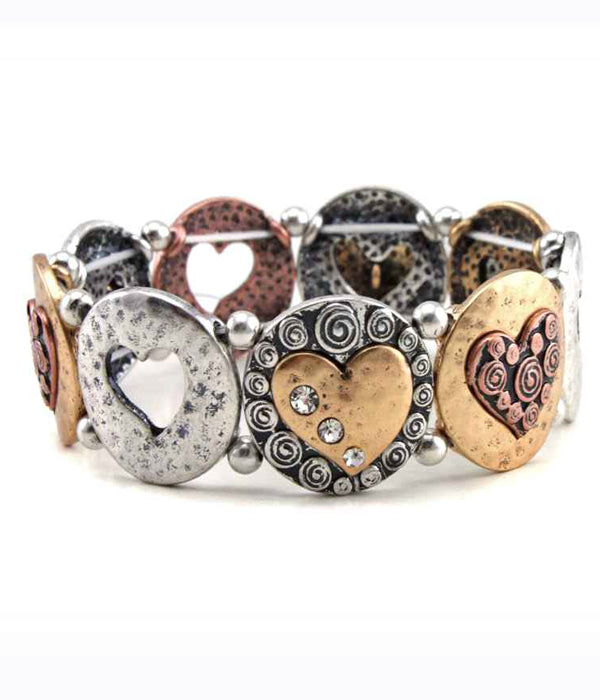 MULTI TEXTURED HEART DISK LINK STRETCH BRACELET