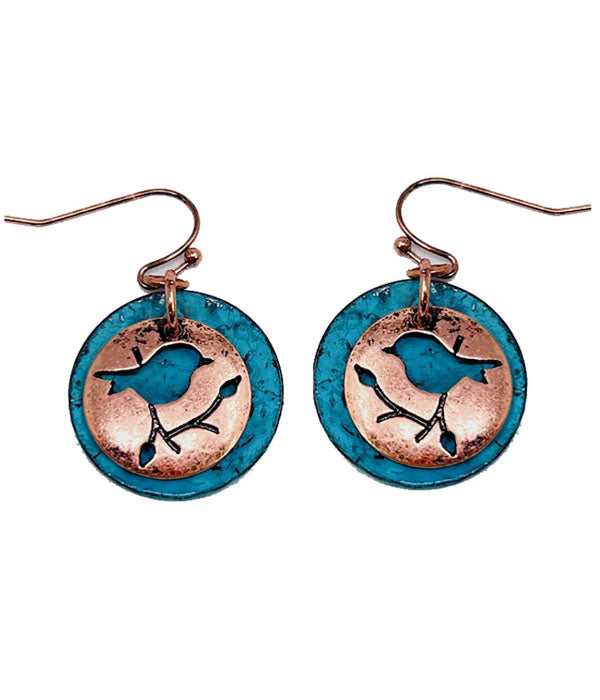 RUSTIC FINISH  DOUBLE METAL EARRING - BIRD AND TREE