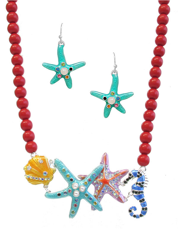 SEALIFE THEME BOLD COLOR EPOXY PENDANT NECKLACE SET - STARFISH SEA HORSE