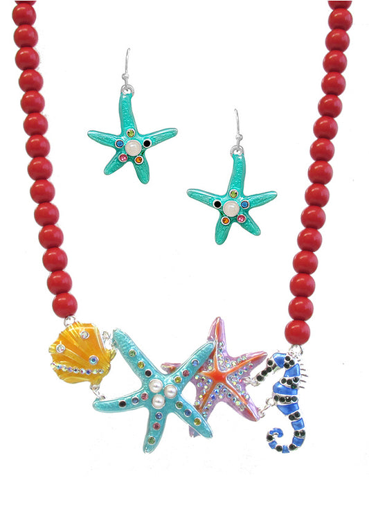 SEALIFE THEME BOLD COLOR EPOXY PENDANT NECKLACE SET - STARFISH SEA HORSE