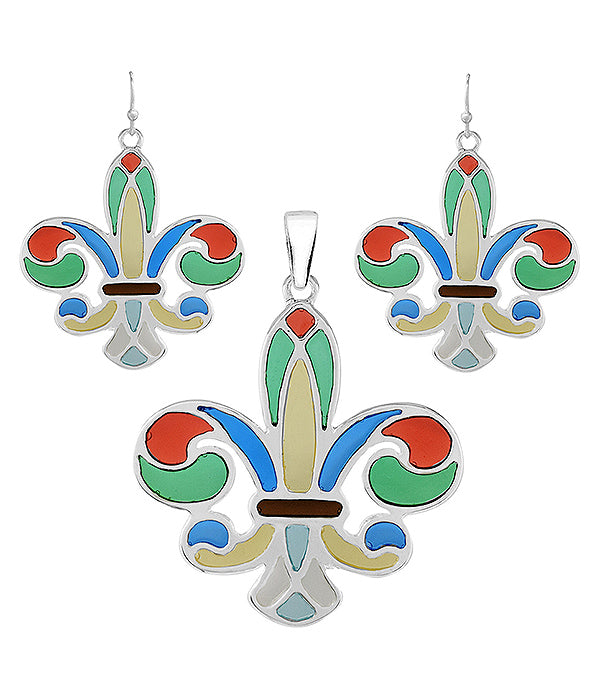 STAINED GLASS WINDOW INSPIRED MOSAIC PENDANT AND EARRING SET - FLEUR DE LIS