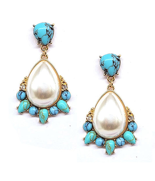 TURQUOISE AND TEARDROP PEARL EARRING