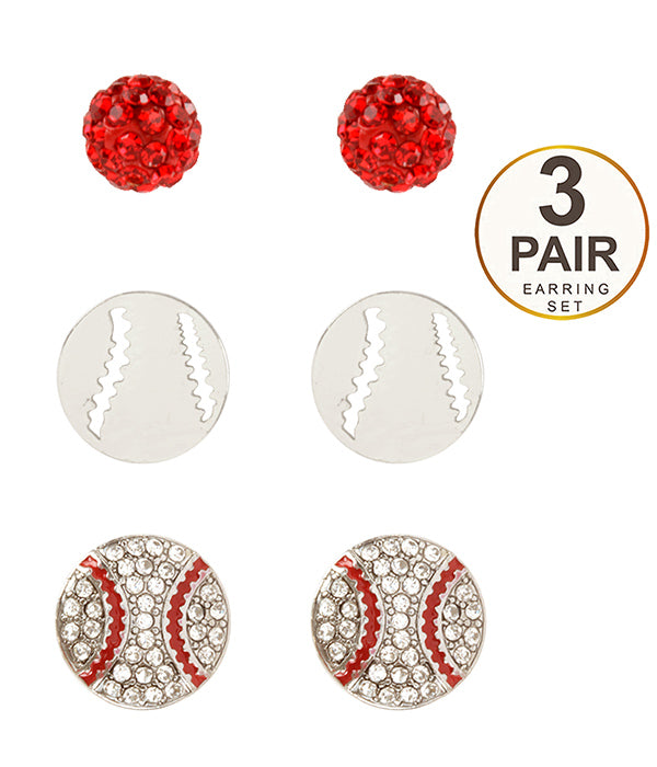 SPORT THEME 3 PAIR EARRING SET - BASEBALL