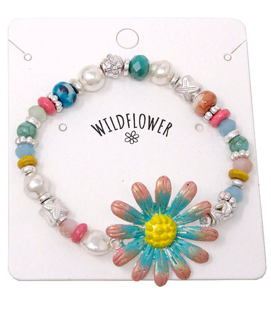 GARDEN THEME MULTI BEAD STRETCH BRACELET - PAINT FLOWER