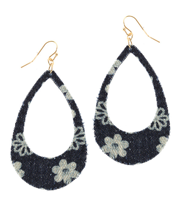 FLOWER PATTERN DENIM TEARDROP EARRING