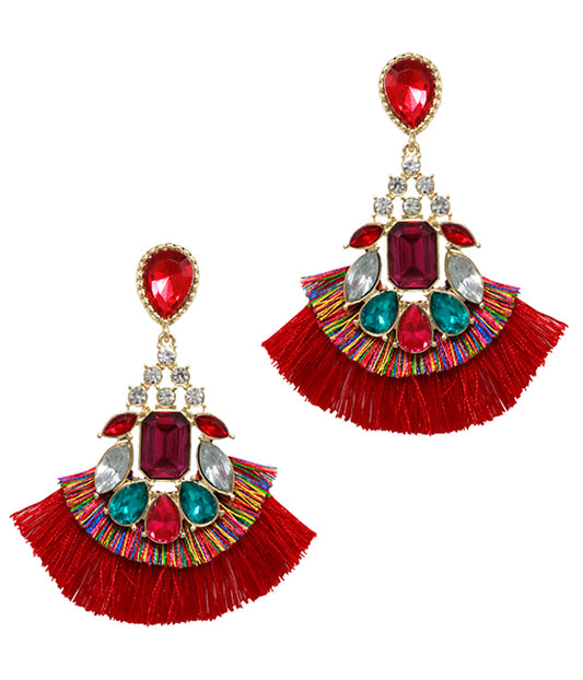 CRYSTAL AND FAN TASSEL PARTY EARRING