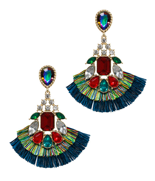 CRYSTAL AND FAN TASSEL PARTY EARRING